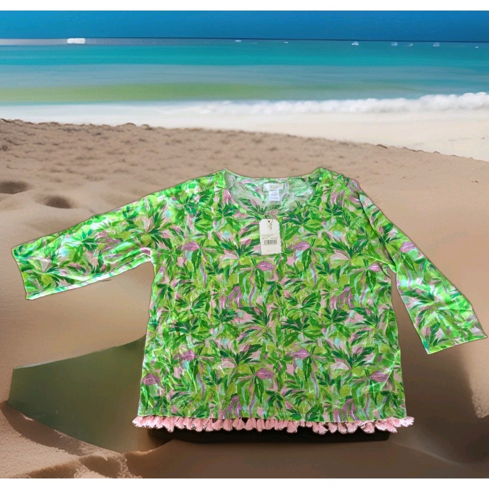 NWT Stella Parker Scoop Neck Pink Green White Floral T Shirt Top Pink Fringe PXL